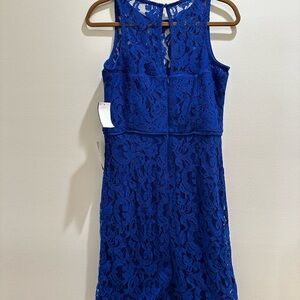 MARINA Blue Sleeveless Halter Sheath Dress